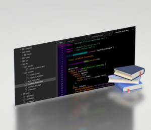 A 3D image of Sublime Text 3 code editor with code open and 3D books protruding perpendicularly out of the 3D image but near halfway into and through the image.