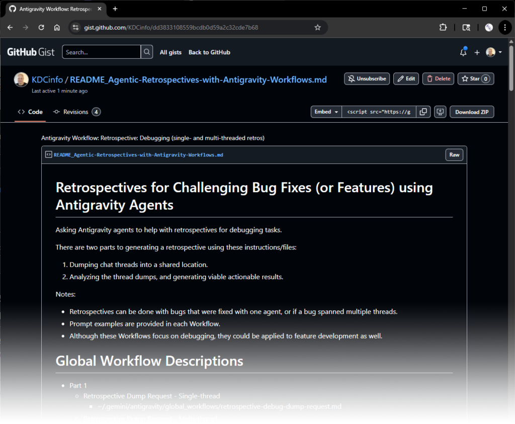 Gist home page for "Agentic Retrospectives with Antigravity Workflows"