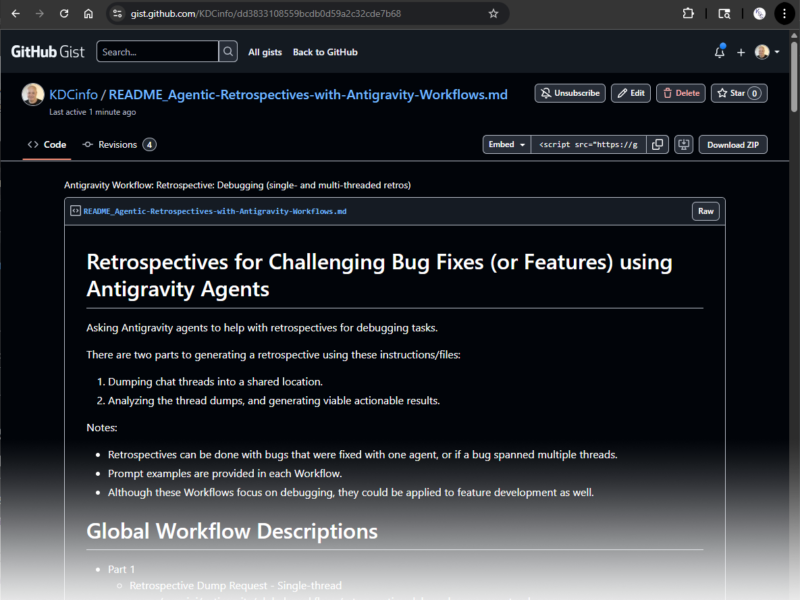 Gist home page for "Agentic Retrospectives with Antigravity Workflows"
