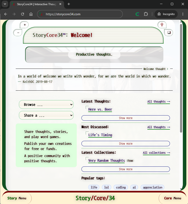StoryCore34 home page on 2026-08-27