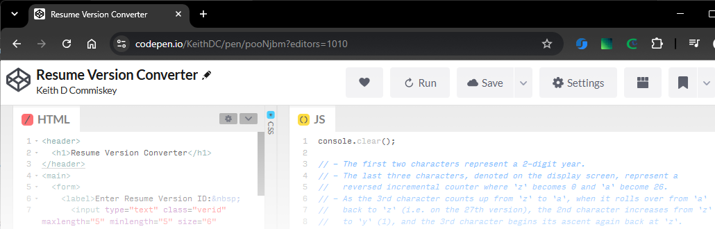 Resume Version Converter Codepen page.