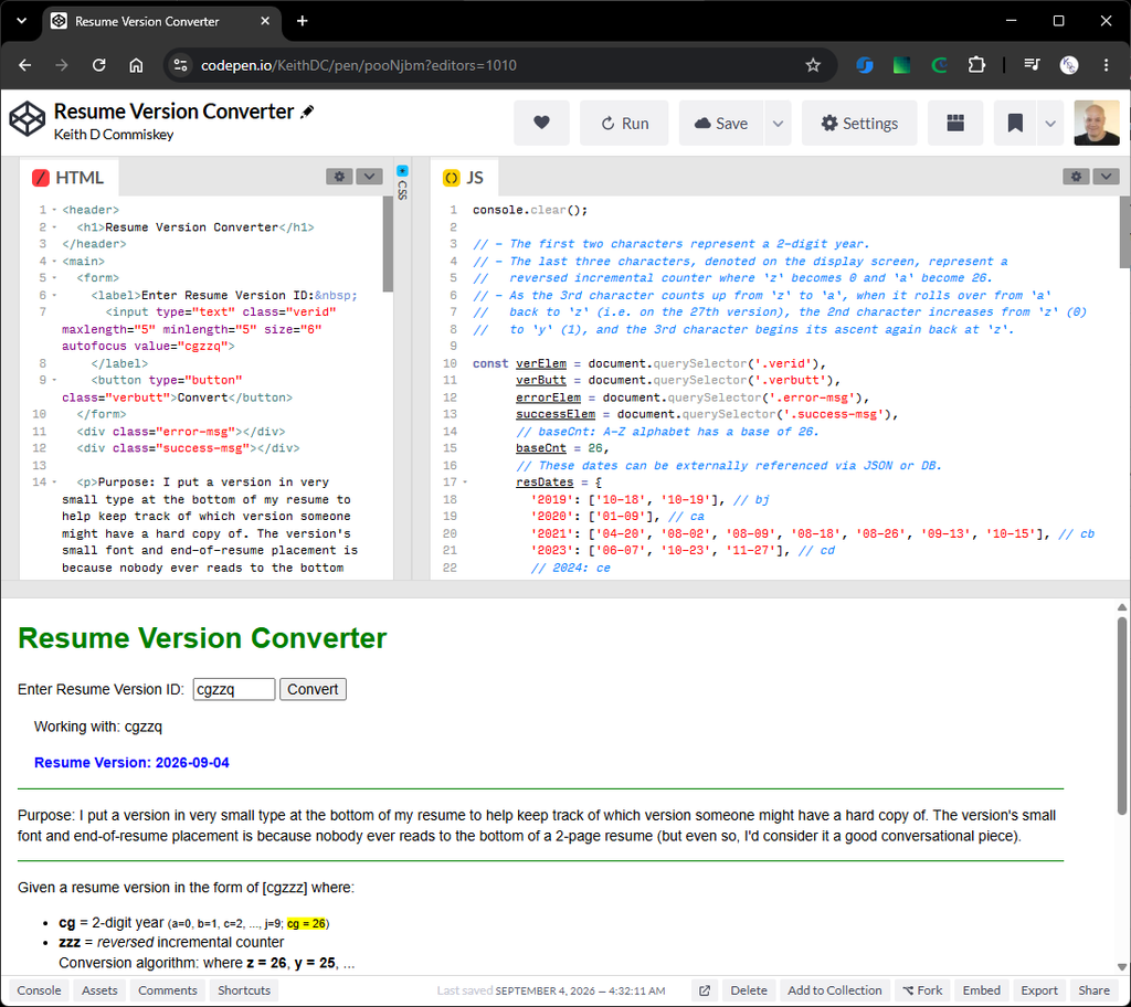 Resume Version Converter Codepen page.