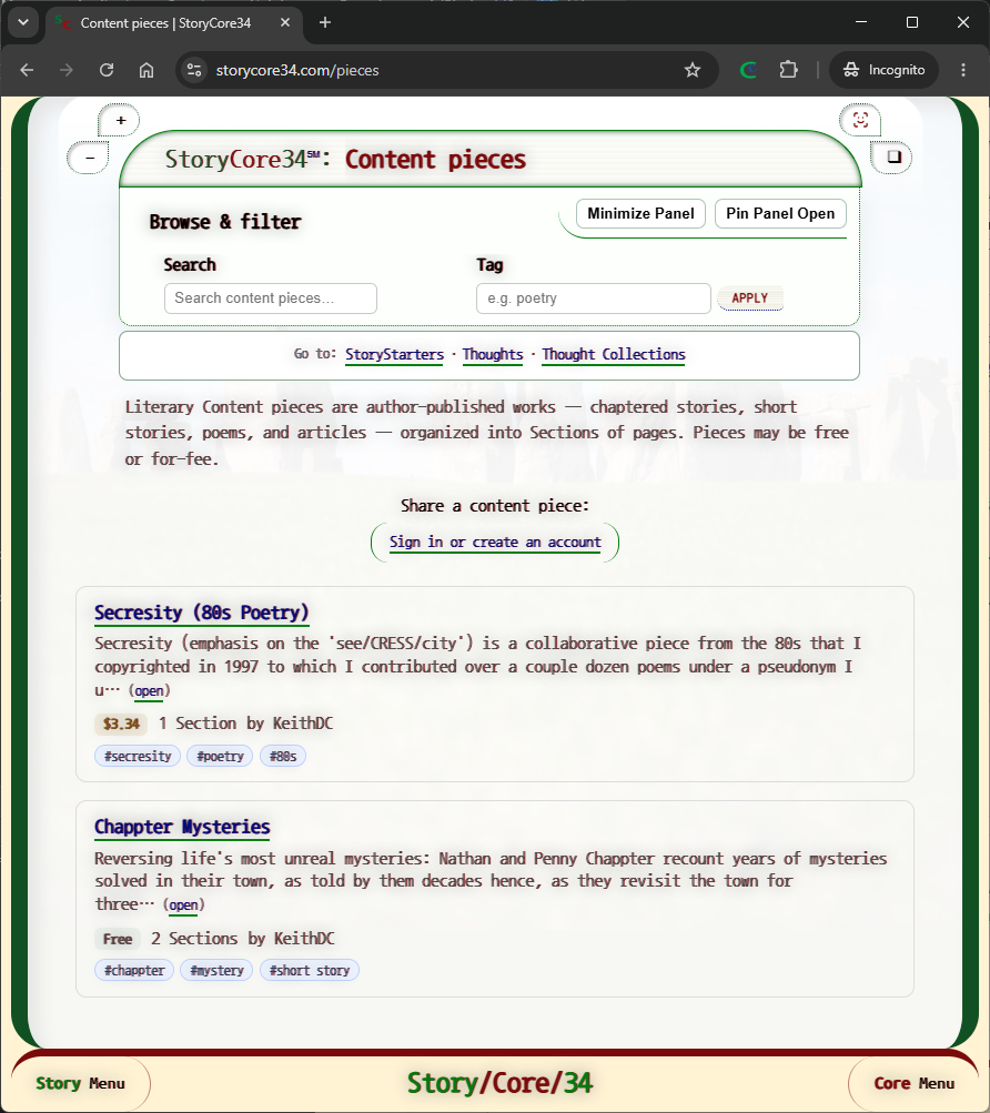 StoryCore34: Feature 3: Sharing Literary Content Pieces - Stories, poems, articles, etc. | Showing page as a guest