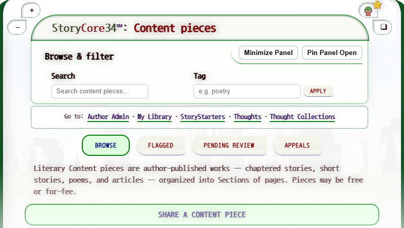 StoryCore34: Literary Content page shown as an author.