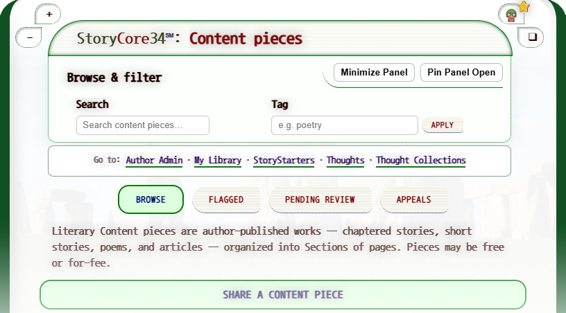 StoryCore34: Literary Content page shown as an author.