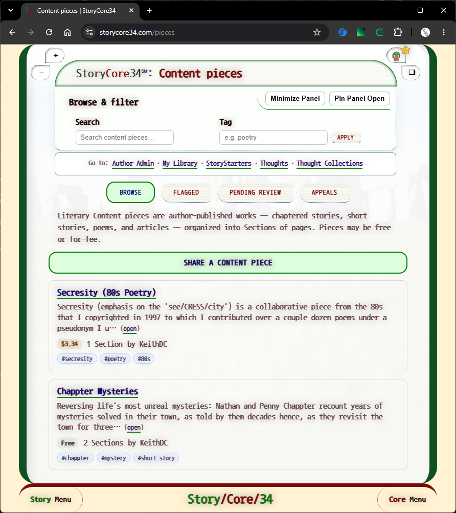 StoryCore34: Feature 3: Sharing Literary Content Pieces - Stories, poems, articles, etc. | Showing page as an author