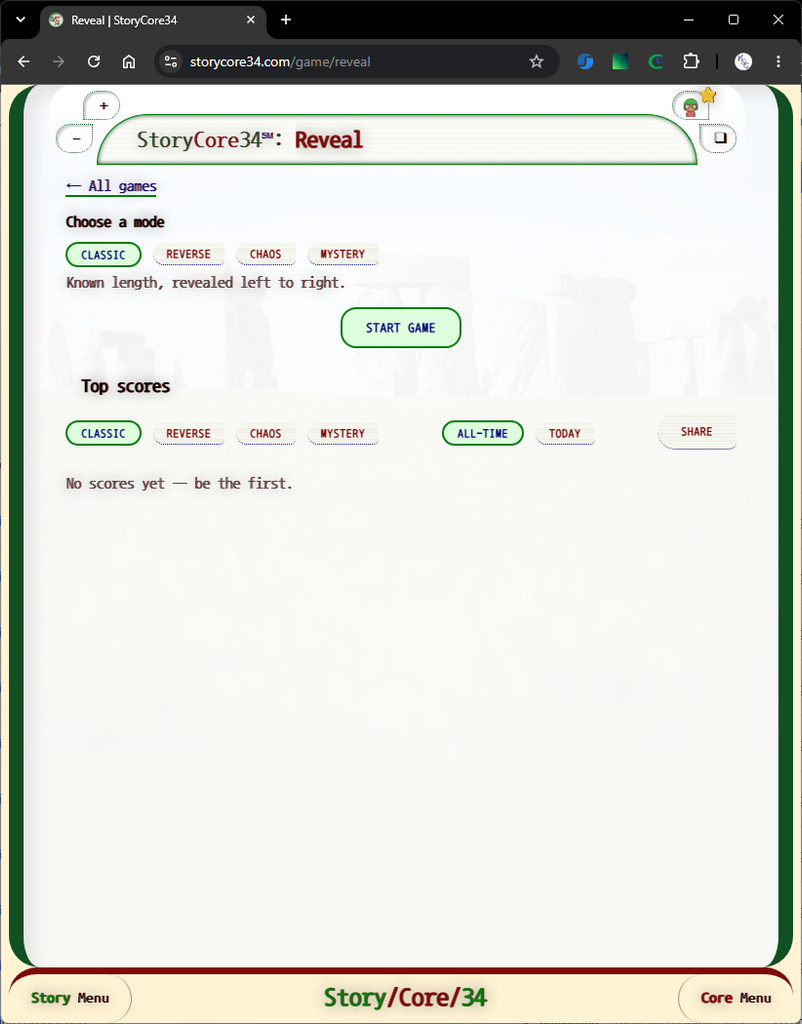 StoryCore34: Feature 4: Games - Game 1: Reveal - Home page