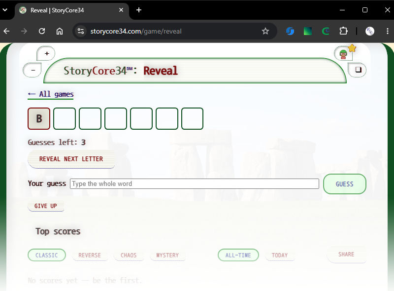 StoryCore34: Feature 4: Games - Game 1: Reveal - Play screen