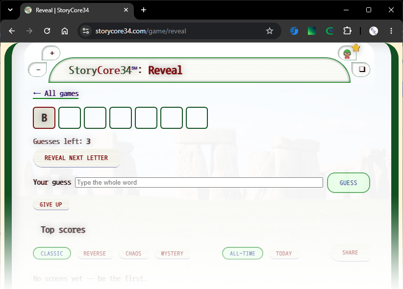 StoryCore34: Feature 4: Games - Game 1: Reveal - Play screen