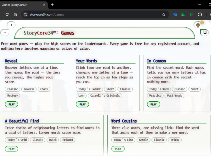 StoryCore34 Games page with 5 games