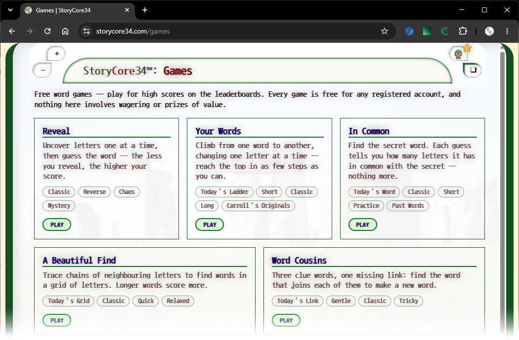 StoryCore34 Games page with 5 games