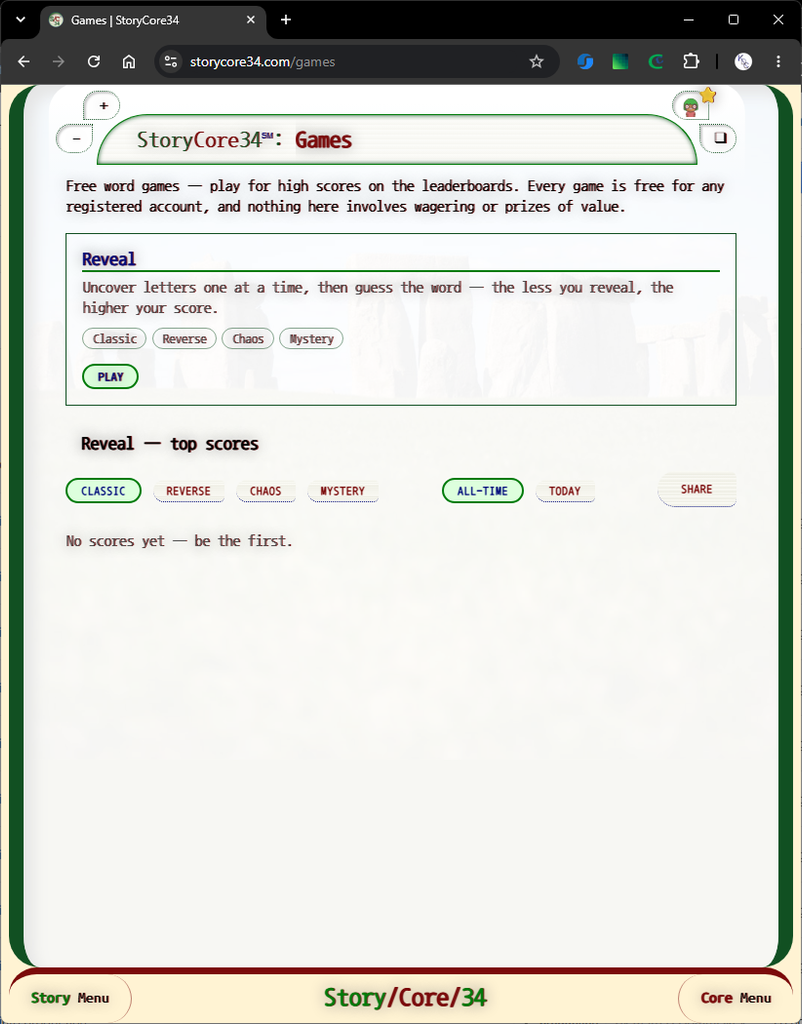 StoryCore34: Feature 4: Games - Home page showing first game ('Reveal')