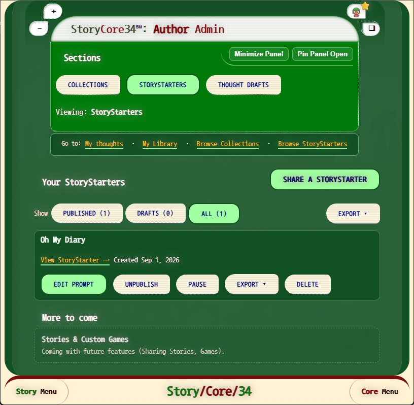 StoryStarters | Author Admin home page on StoryCore34